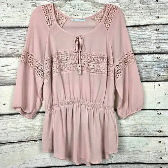 Maurices Womens Blush Lace Peplum Blouse L - Picture 1 of 7